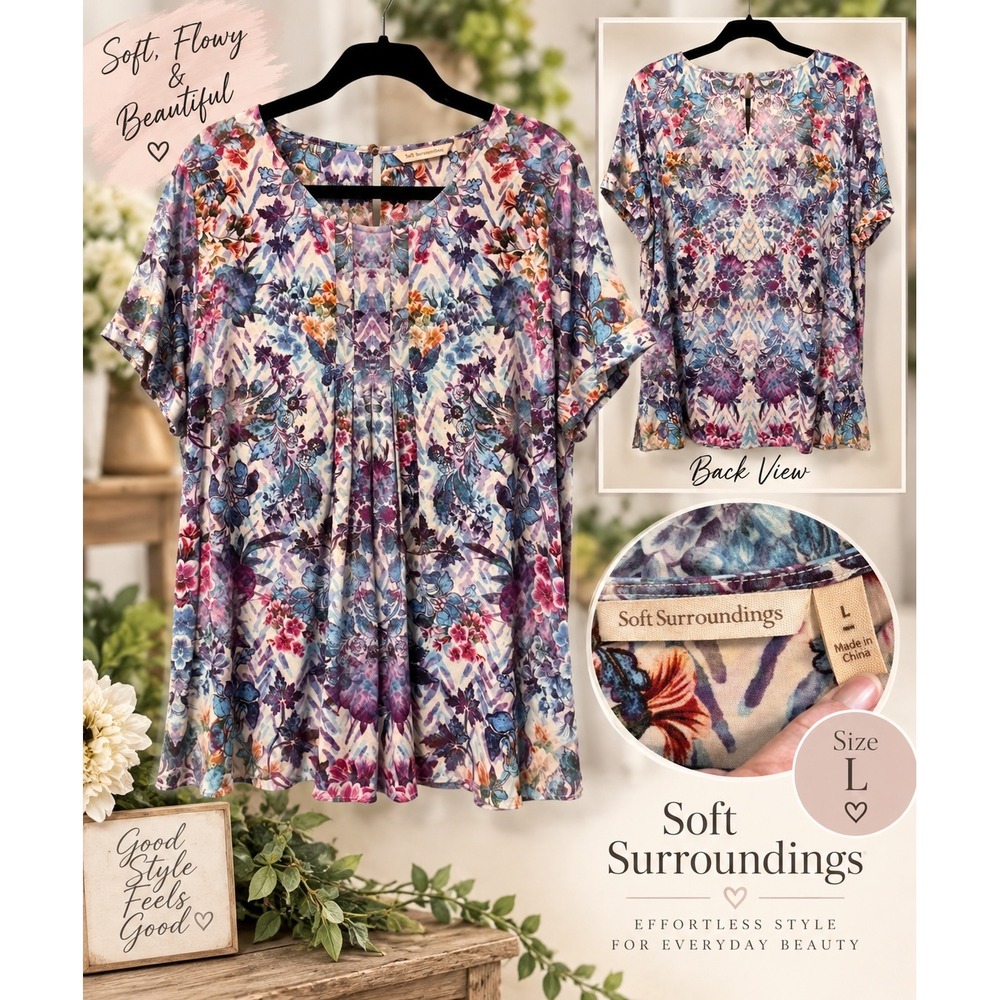 Soft Surroundings Womens Large Floral Pleated Short Sleeve Blouse Top 2EW08